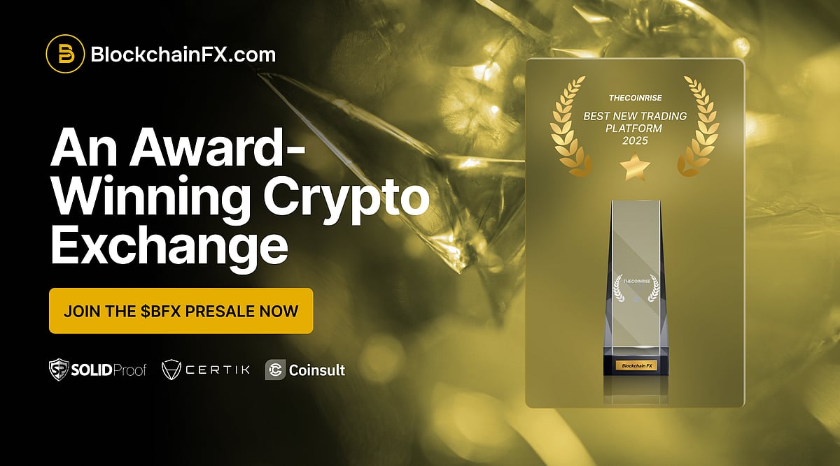 Ad for BlockchainFX claiming an award for Best New Trading Platform 2025.