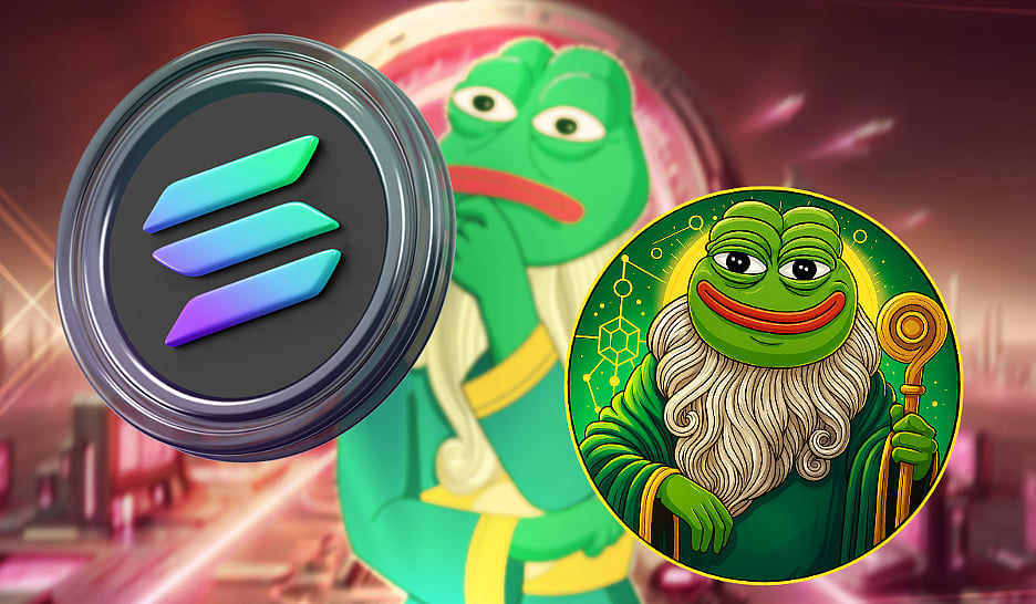 Cartoon illustration of Solana & Pepeto logos