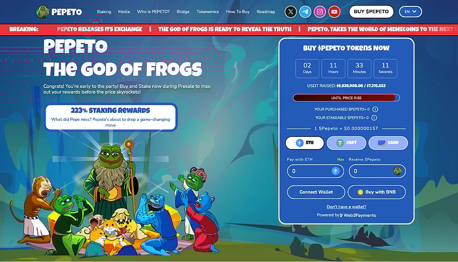 PEPETO God of Frogs crypto exchange announcement with staking rewards and purchase options.