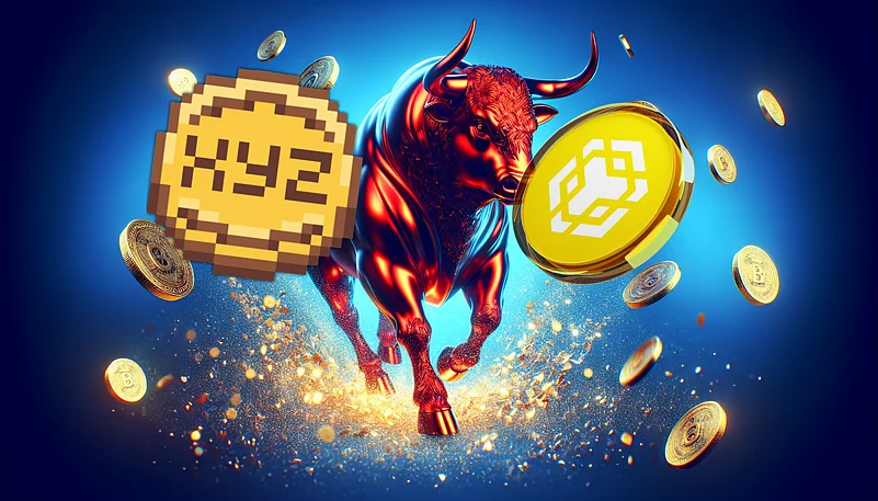 A bull running with crypto coins around it