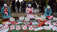 imago | : Protesters wearing masks hold dolls representing hurt and dying children as Palestine supporters stage a vigil in Parliament Square for over 41,000 people killed in Gaza on the first anniversary of the Israel-Hamas war, which began when Hamas killed and abducted Israelis at the Nova music festival on 7th October 2023.