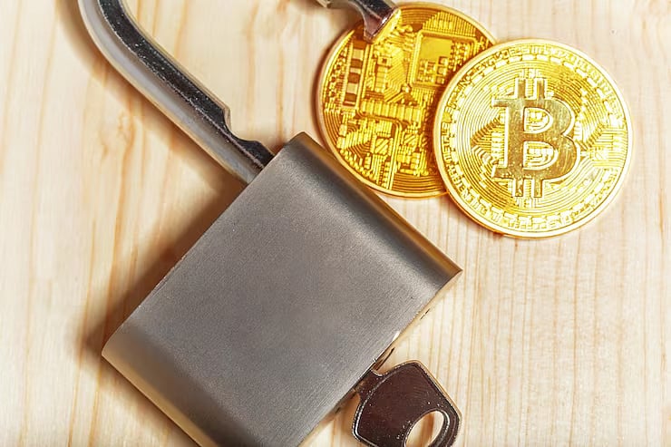 Padlock with Bitcoin coins