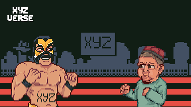 8 bit illustration of a fighter wearing XYZ fighting in a ring