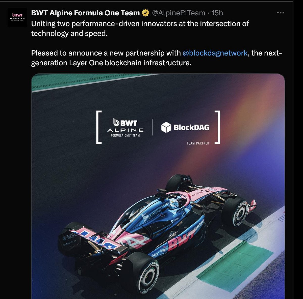 Announcement of a partnership between the BWT Alpine F1 team and BlockDAG