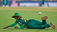 (AP Photo/Anupam Nath) : South Africa's Nonkululeko Mlaba fields a ball during the ICC Women's Cricket World Cup match between England and South Africa at Barsapara Cricket Stadium in Guwahati, India, Friday, Oct. 3, 2025.