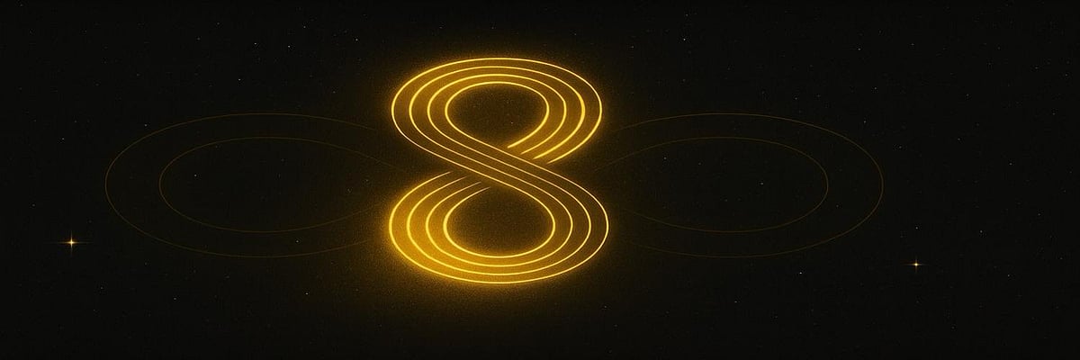 A golden, number eight on a dark background.
