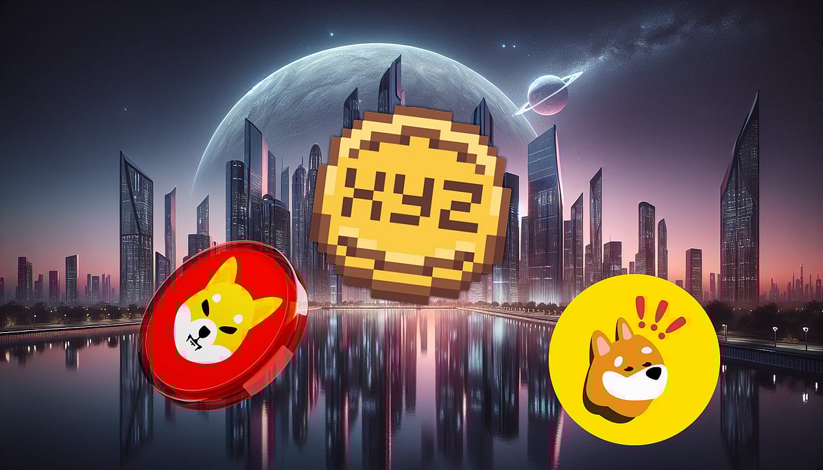 Futuristic cityscape with dog-themed coins and a central pixel-style crypto token labeled XYZ