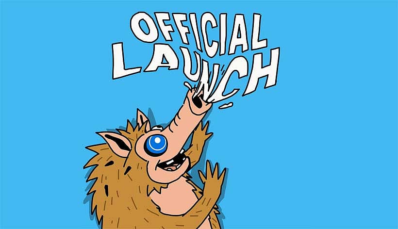 Cartoon image of a creature with a long snout and blue eyes celebrating an OFFICIAL LAUNCH.