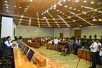 Shri Rushikesh Patel, Spokesperson Minister at press conference announcing Gujarat Vikas Saptah