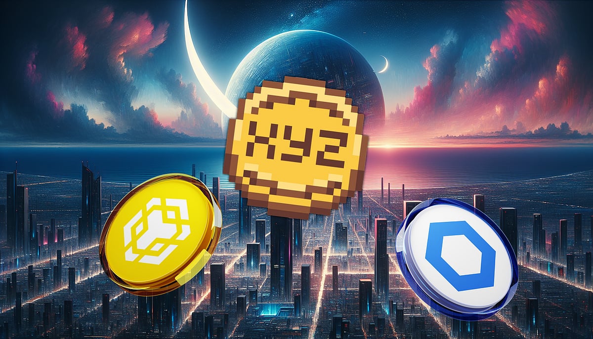 Space-themed crypto image with a pixelated XYZ coin, Binance, and Chainlink symbols
