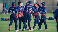 | Photo: X/CricketNep : The Nepal cricket team players celebrating their win over Qatar.