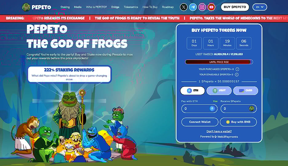A crypto project called PepeTo (The God of Frogs) with a token purchase form.