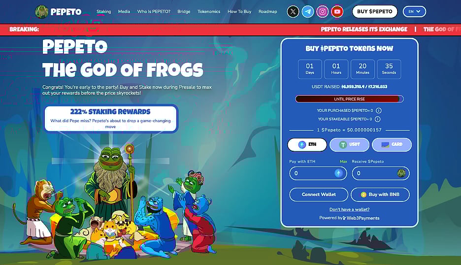 Website screenshot for PepeTo: The God of Frogs with token buy options and Pepe cartoon art.