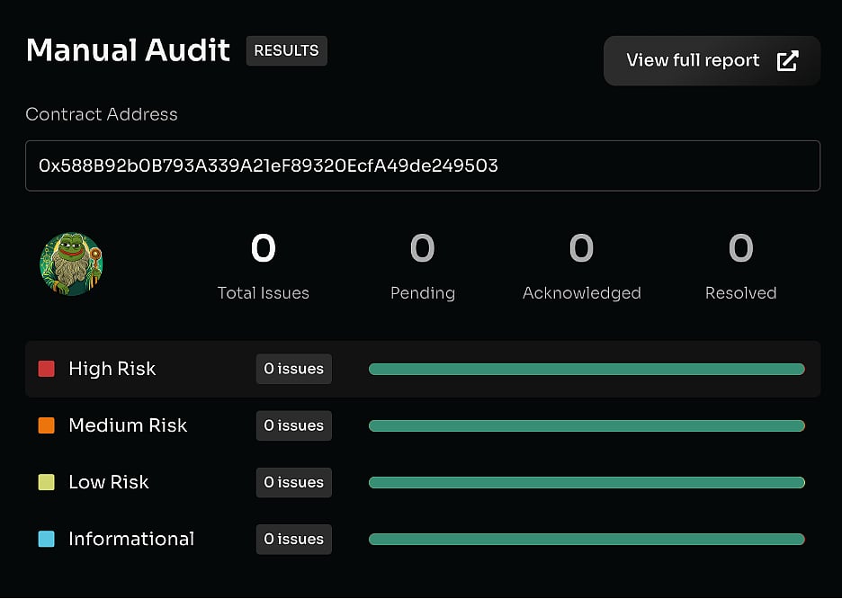 Screenshot of a Manual Audit dashboard with a contract address and zero issues in all categories
