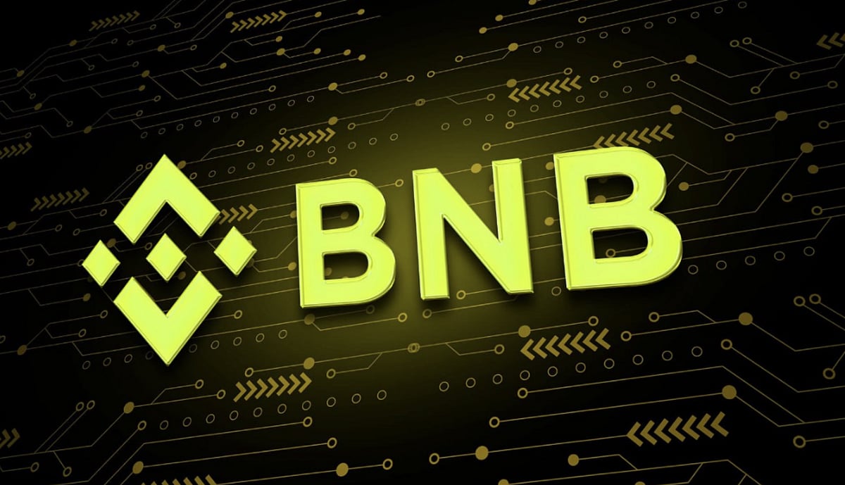 The large yellow logo and text BNB (Binance Coin) on a circuit board background.