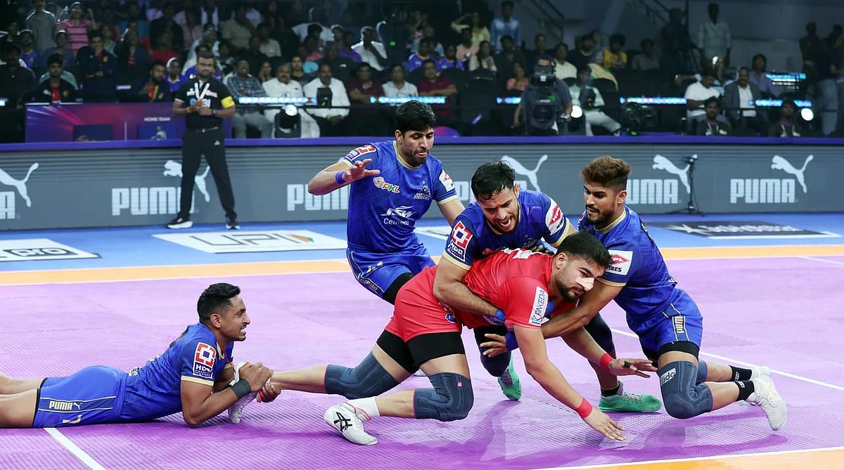 Pro Kabaddi : Action from the Haryana Steelers vs Dabang Delhi, Pro Kabaddi League 2025 match in Chennai.