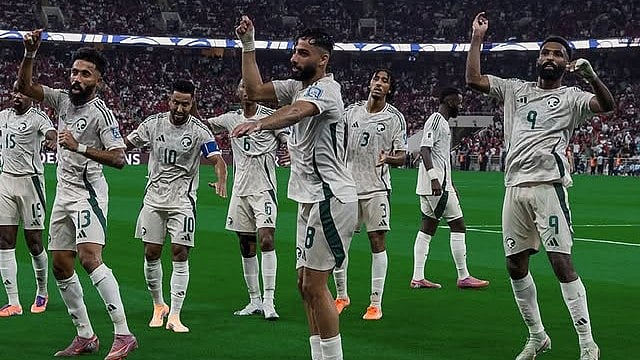 | Photo: Instagram/saudint : Saudi Arabia players celebrate a goal during their FIFA World Cup 2026 AFC Qualifiers match against Indonesia on October 8.