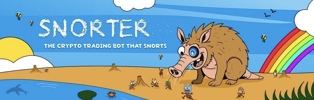 Cartoon ad for Snorter (SNORT), The Crypto Trading Bot That Snorts, featuring an aardvark