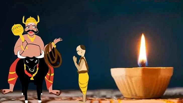 Yama, the God of Death, riding his black buffalo and conversing with a small boy, near a lit diya.