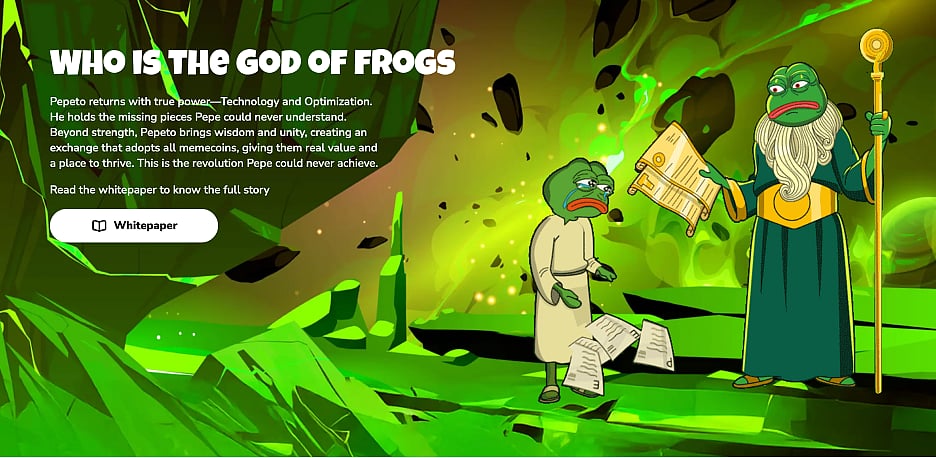 WHO IS THE GOD OF FROGS text with cartoon images of Pepe the Frog characters.