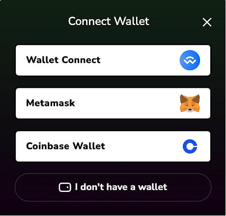 Screen displaying Connect Wallet options: Wallet Connect, Metamask, and Coinbase Wallet.