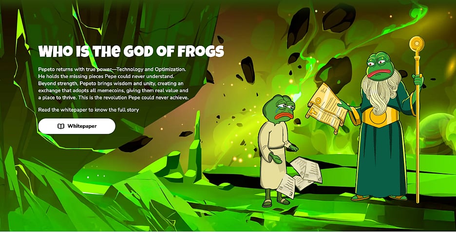 Two cartoon frogs in ancient robes, one holding a staff and scroll, with God of Frogs text.