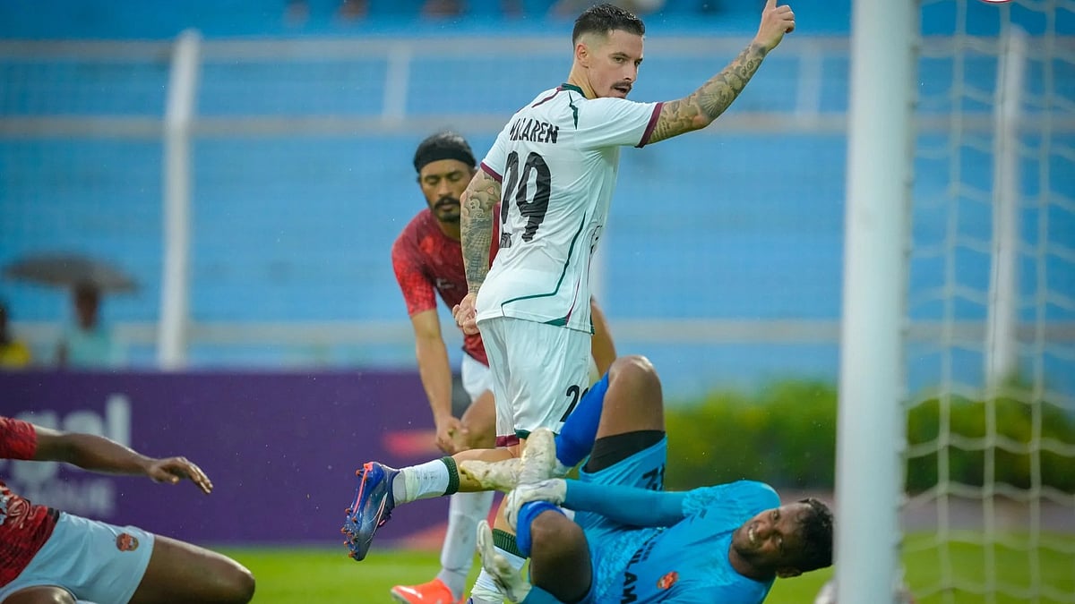| Photo: X/mohunbagansg : Mohun Bagan's Jamie Maclaren celebrates after scoring during the IFA Shield 2025 match against Gokulam Kerala.