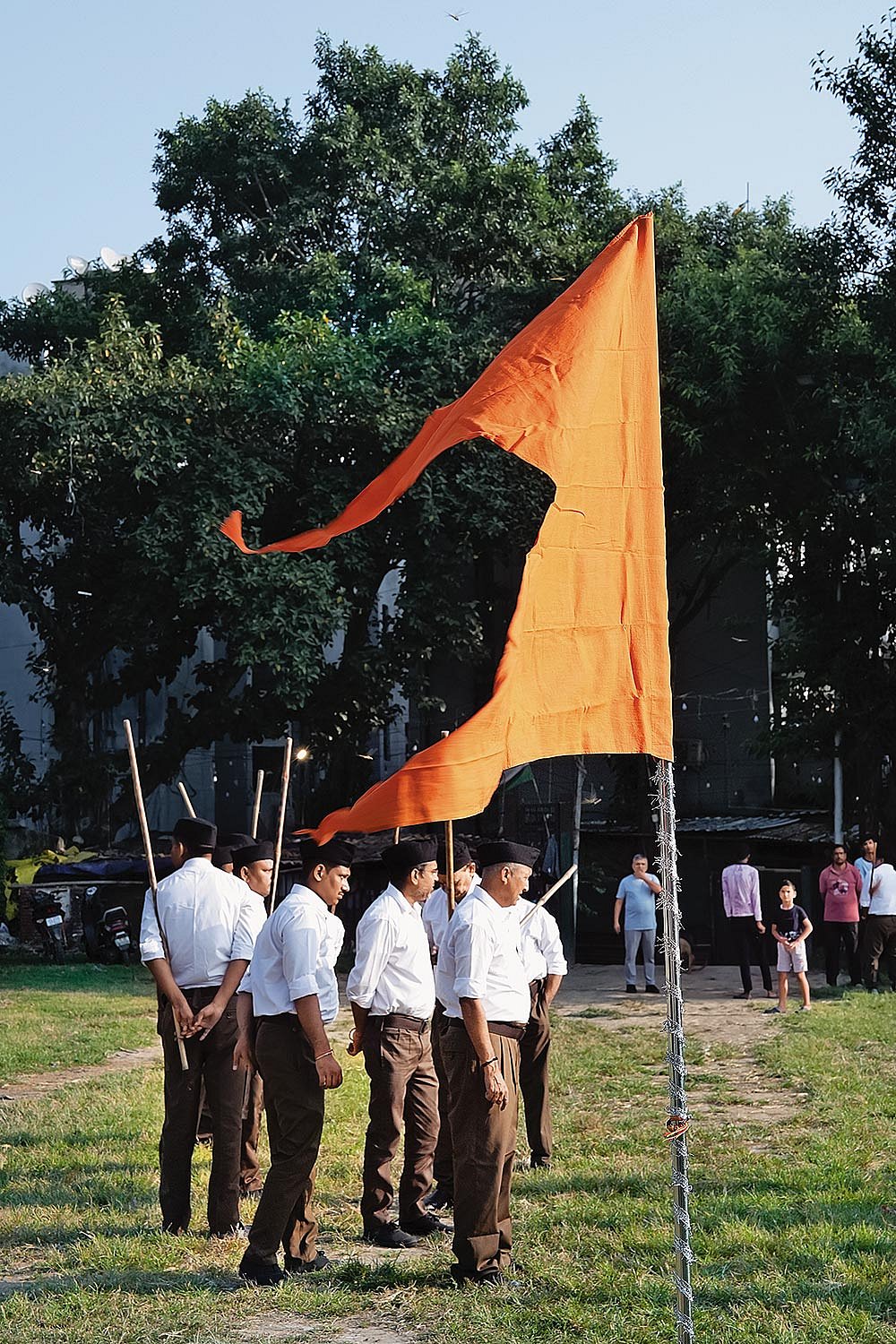 RSS workers at a shakha at Valmiki Colony, Delhi, preparing for Vijay Diwas