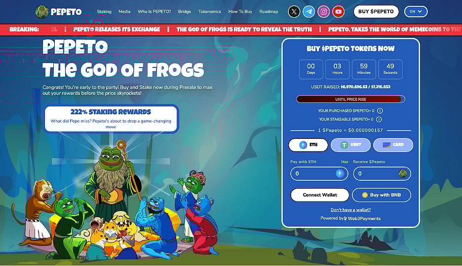 Pepeto crypto website page showing frog characters and token purchase options