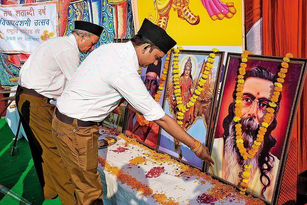 RSS members gearing up for a march on the occassion of Vijayadashami