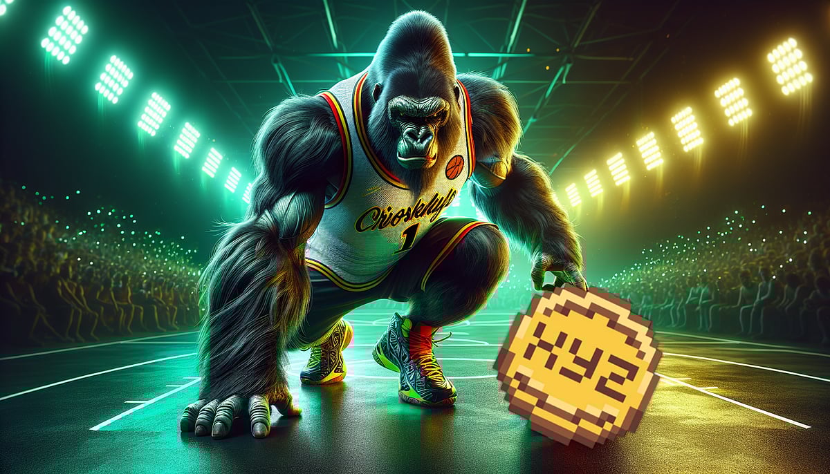 A gorilla in a basketball jersey with a pixelated XYZ crypto coin on a basketball court