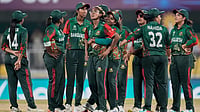 | Photo: AP/Anupam Nath : Bangladesh's players celebrates the dismissal of England's Sophia Dunkley during the ICC Women's Cricket World Cup match between England and Bangladesh at Barsapara Cricket Stadium in Guwahati, India, Tuesday, Oct. 7, 2025.