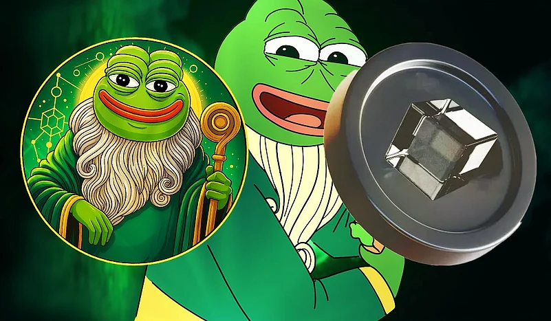 An illustration of Pepe the Frog as a wizard with a crystal coin