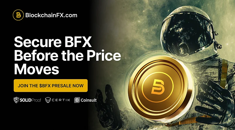 A promotional image for BlockchainFX, a crypto project. It features an astronaut holding a gold coin