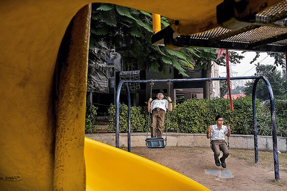 Junior members of a local shakha in Faridabad at a park 