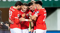 Marko Arnautovic celebrates a four-goal half for Austria against San Marino