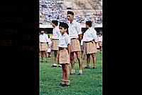 | Photo: Prashant Panjiar : Committed Cadre: An RSS rally at the Jawaharlal Nehru Stadium in New Delhi