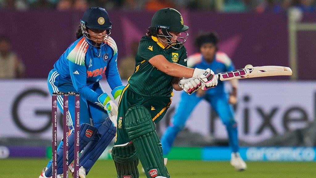 AP : Nadine de Klerk plays a shot during the ICC Women's Cricket World Cup match between India and South Africa at ACA-VDCA Cricket Stadium in Visakhapatnam.