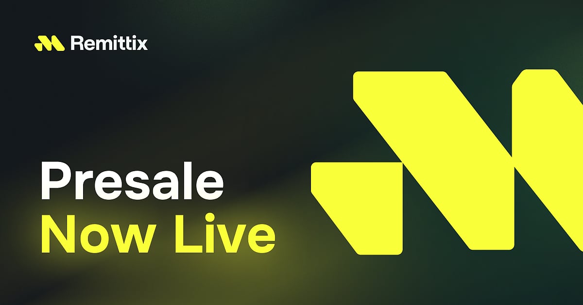 Remittix (RTX) logo with Presale Now Live text on a black and yellow background.