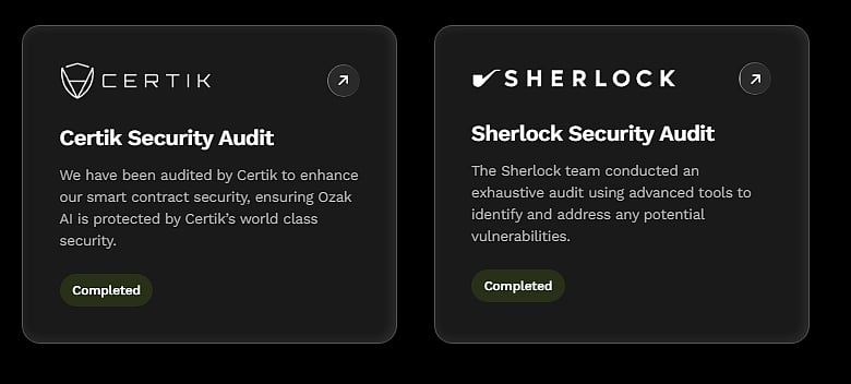 Security audit badges: Certik Security Audit and Sherlock Security Audit, both showing Completed