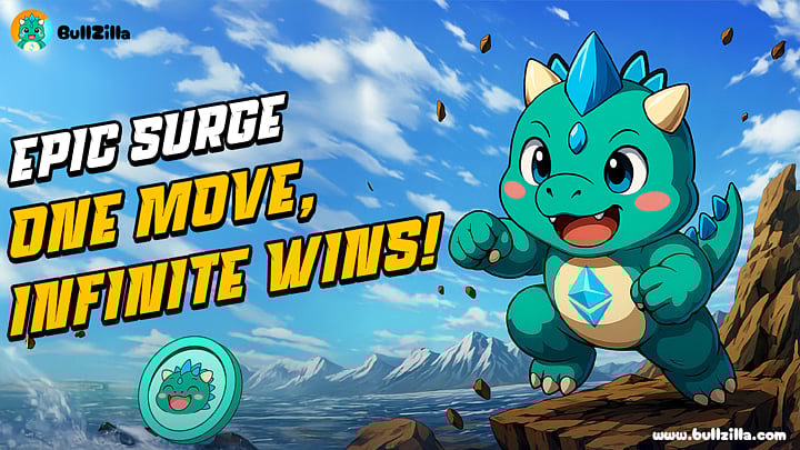 Crypto ad with blue dragon character: EPIC SURGE, ONE MOVE, INFINITE WINS!