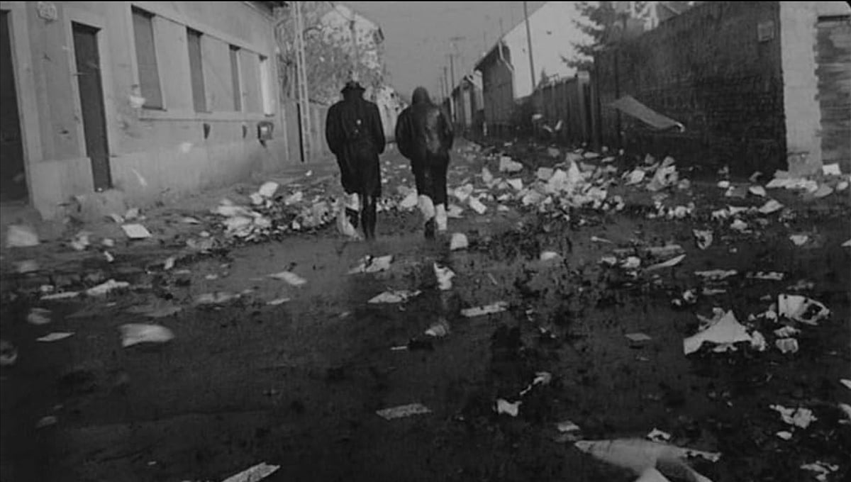 A still from Sátántangó directed by Béla Tarr based on László Krasznahorkai's debut novel