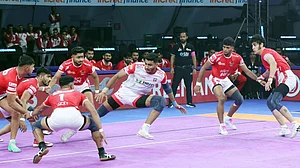 Pro Kabaddi : Action from the Gujarat Giants vs UP Yoddhas, Pro Kabaddi League 2025 match in Chennai.