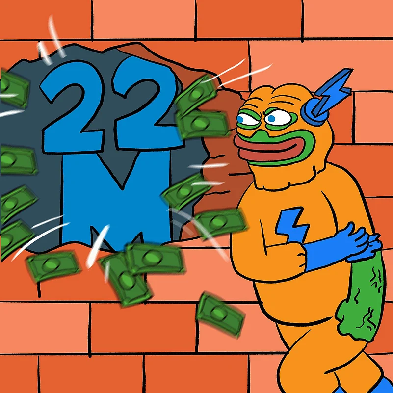 Cartoon frog superhero breaks wall revealing 22M as money flies around in comic-style art