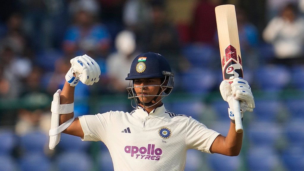 AP : Yashasvi Jaiswal celebrates after scoring 150 runs on the first day of the second Test between India and West Indies at the Arun Jaitley Stadium in New Delhi.
