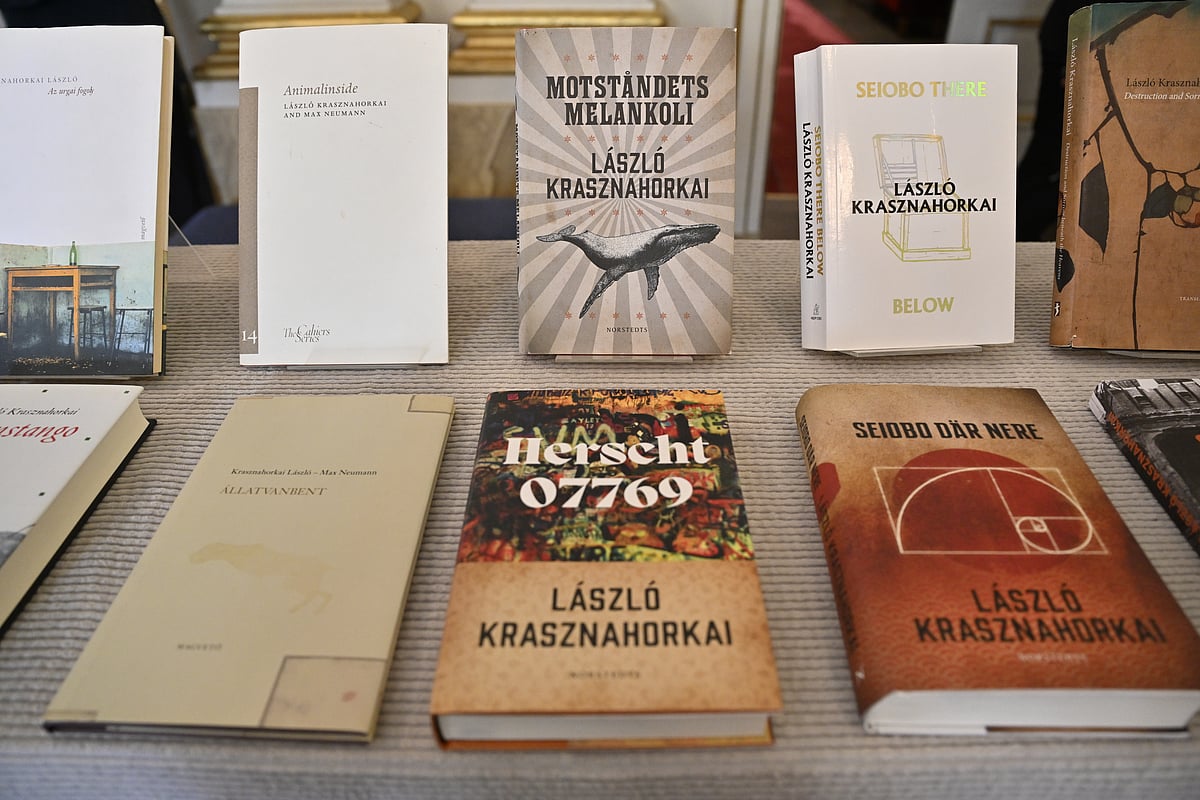 Henrik Montgomery/TT via AP : Books by Hungarian author László Krasznahorkai at Börshuset in Stockholm, after he was announced as the recipient of the Nobel Prize in Literature at the Nobel Assembly of the Karolinska Institutet, in Stockholm, Sweden, Thursday, Oct. 9, 2025. 