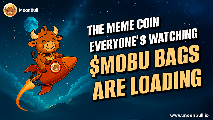 Cartoon bull on a rocket, with text: The meme coin everyones watching $MOBU bags are loading.