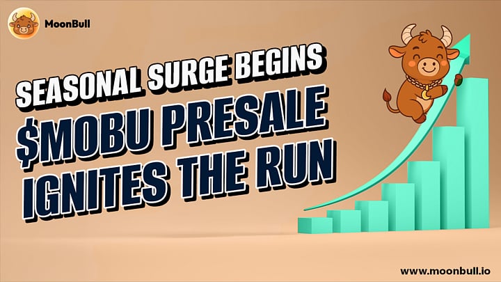 Cartoon bull on a chart with text: SEASONAL SURGE BEGINS $MOBU PRESALE IGNITES THE RUN.