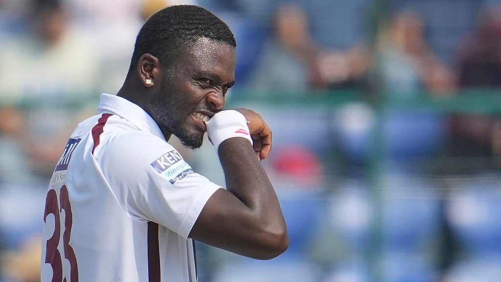 AP : West Indies' Jayden Seales reacts after bowling a delivery on the second day of the second Test against India at the Arun Jaitley Stadium in New Delhi.