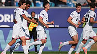 | Photo: AP/Andre Penner : United States' Noah Cobb celebrates after scoring the opening goal against South Africa during a FIFA U-20 World Cup Group E soccer match at El Teniente Stadium in Rancagua, Chile, Sunday, Oct. 5, 2025.